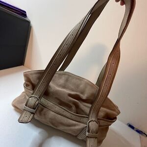 Longaberger Fold Over Hobo Handbag Purse Suede Leather Taupe Sisters